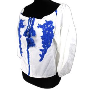 Line and Dot Revolve Ivory Top with Royal Blue Embroidery & Tie Neck XS NWT (B7)